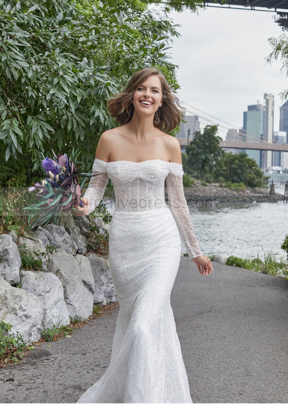 Off Shoulder Ivory Glitter Lace Boho Beach Wedding Dress